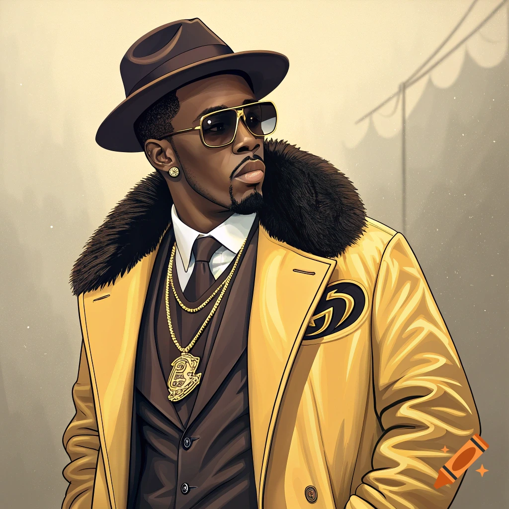 A stylish man in a fedora, sunglasses, gold chain, and yellow coat with a fur collar looks to the side.