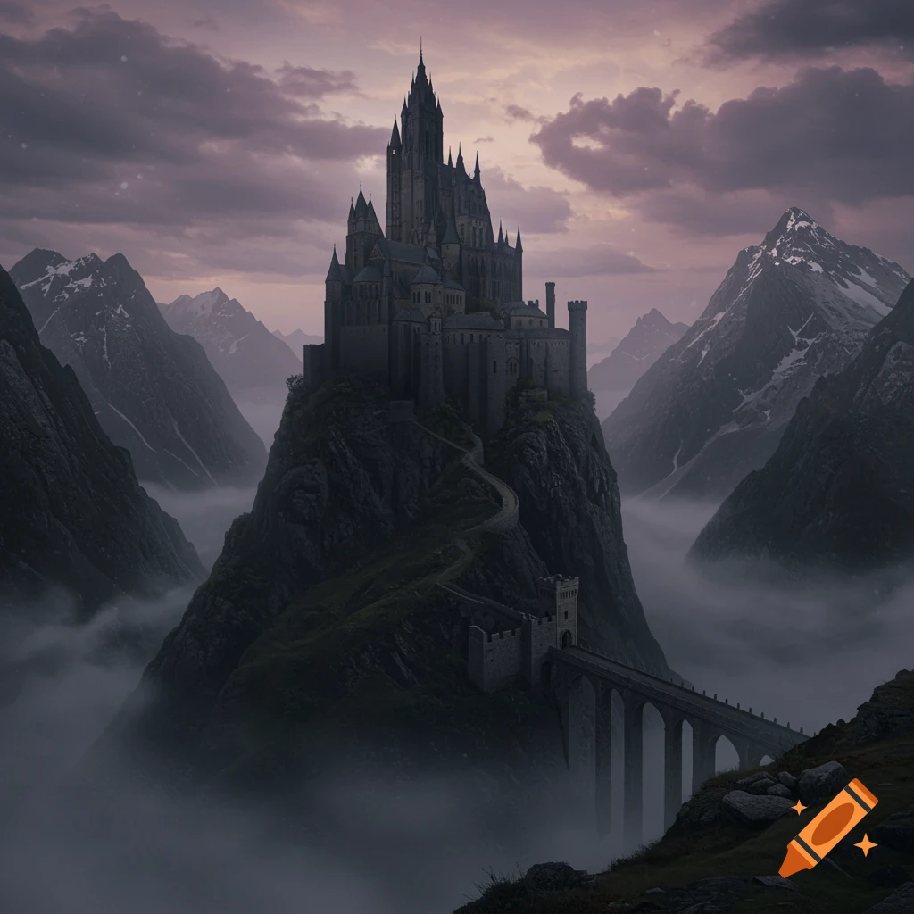Dark castle on a misty mountain peak under a gloomy sky