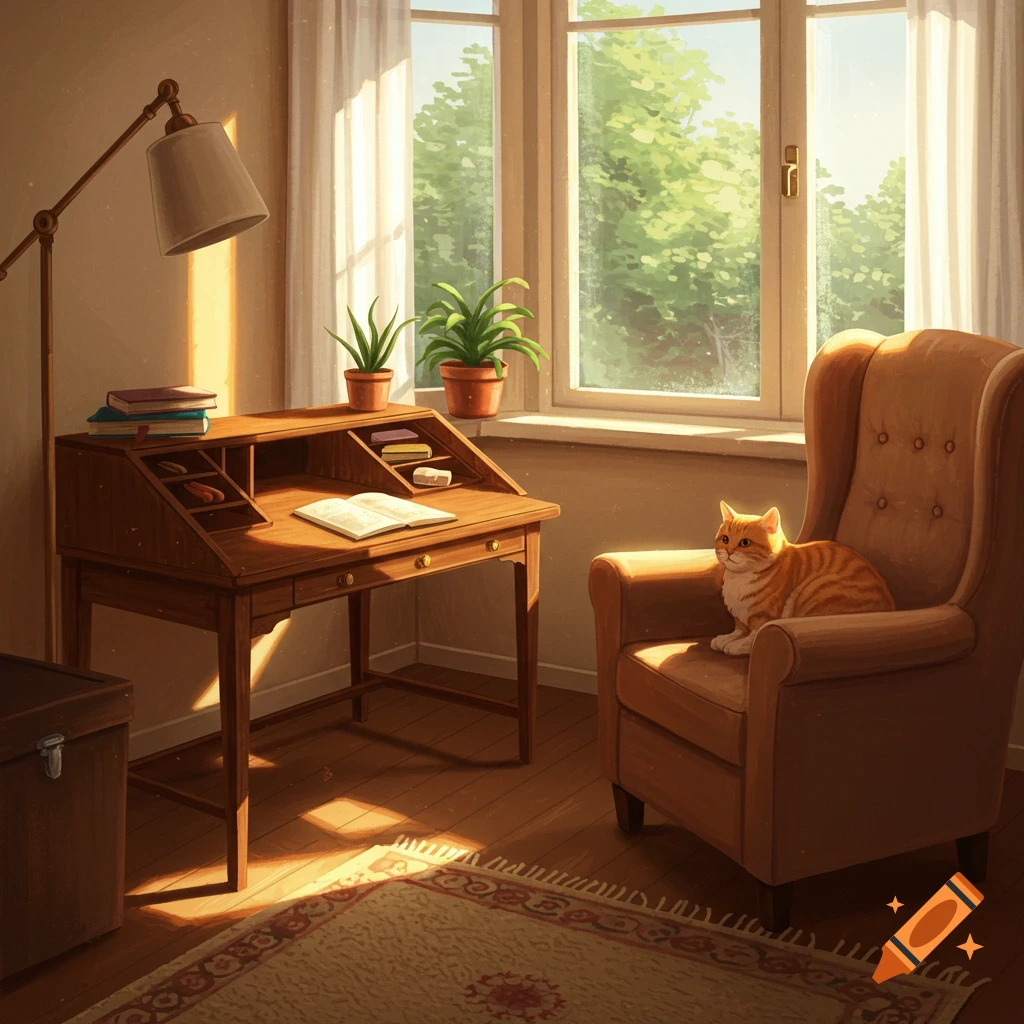 A cozy room with sunlight streaming through a window onto a wooden desk, open book, and a cat sitting on a chair.