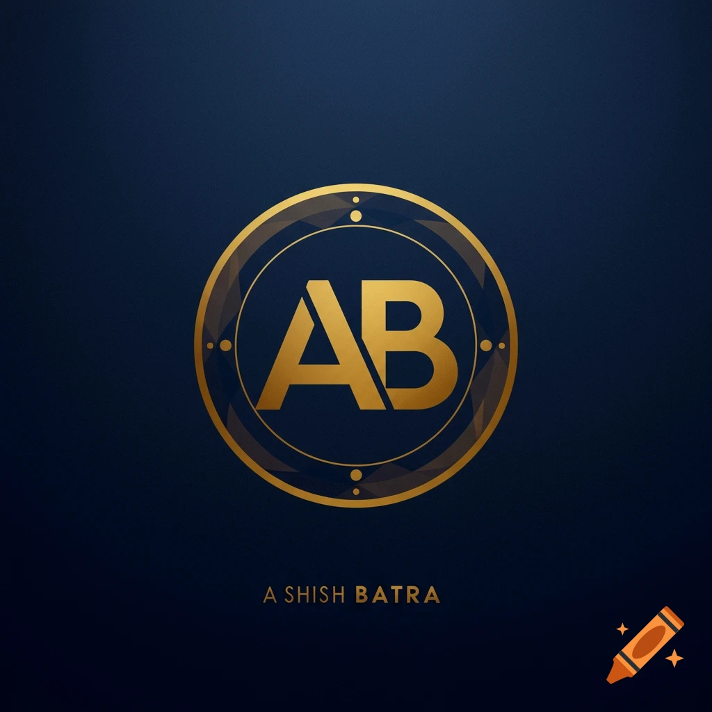 Gold 'AB' logo within a circle, with 'A SHISH BATRA' text below, on a dark blue background.