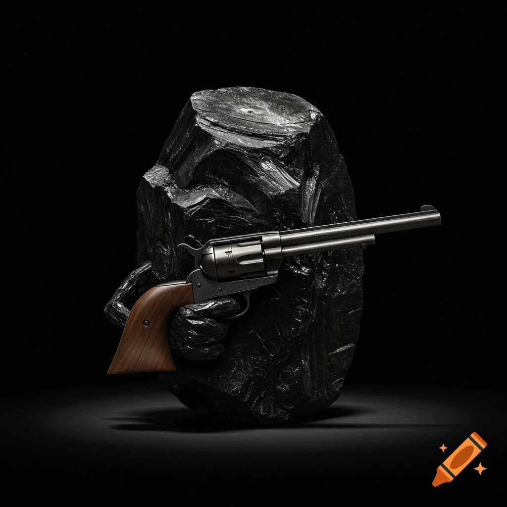 A dark, jagged chunk of coal holds a silver revolver against a black background. Photorealistic style.