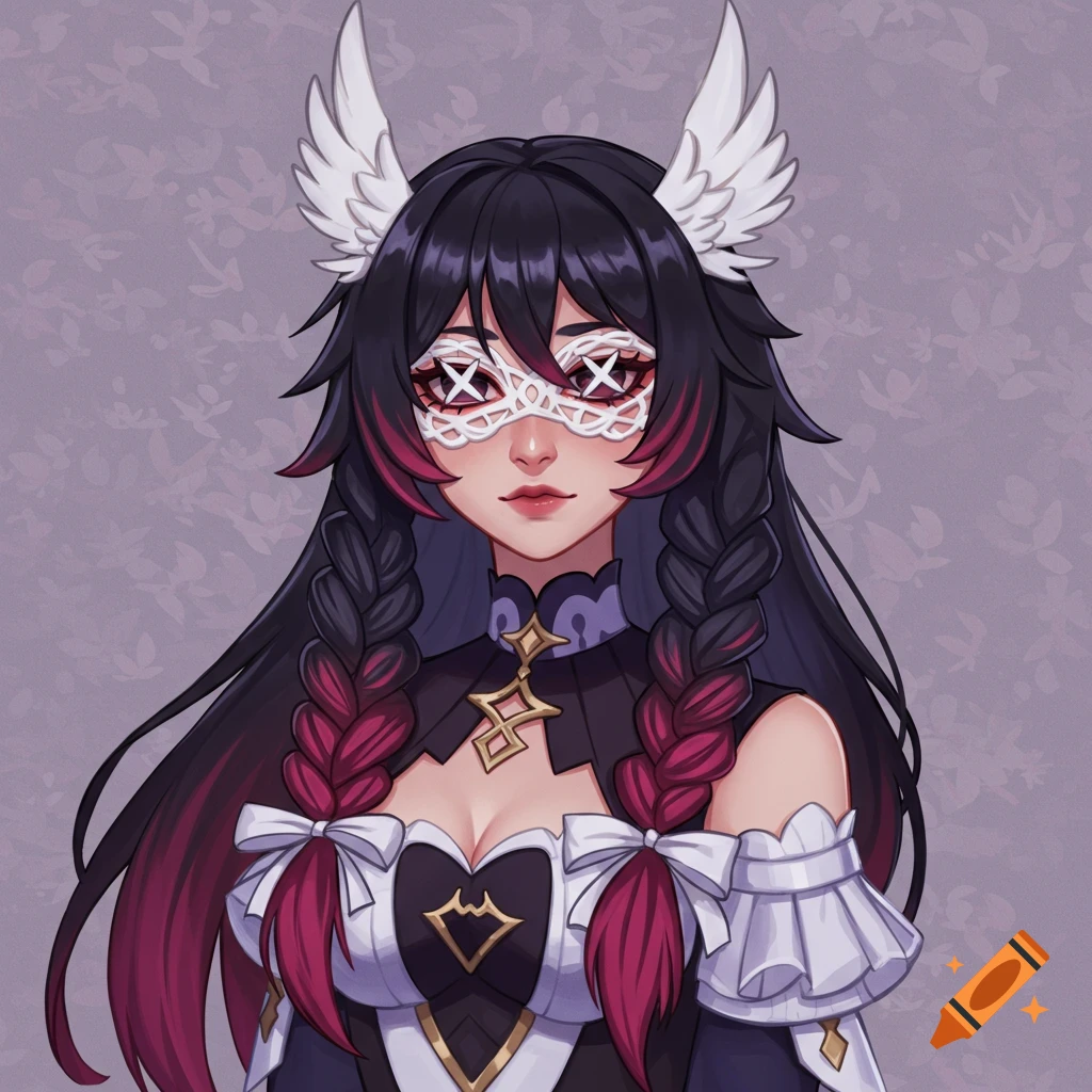 Columbina from Genshin Impact with black hair, pink highlights, and white X mask