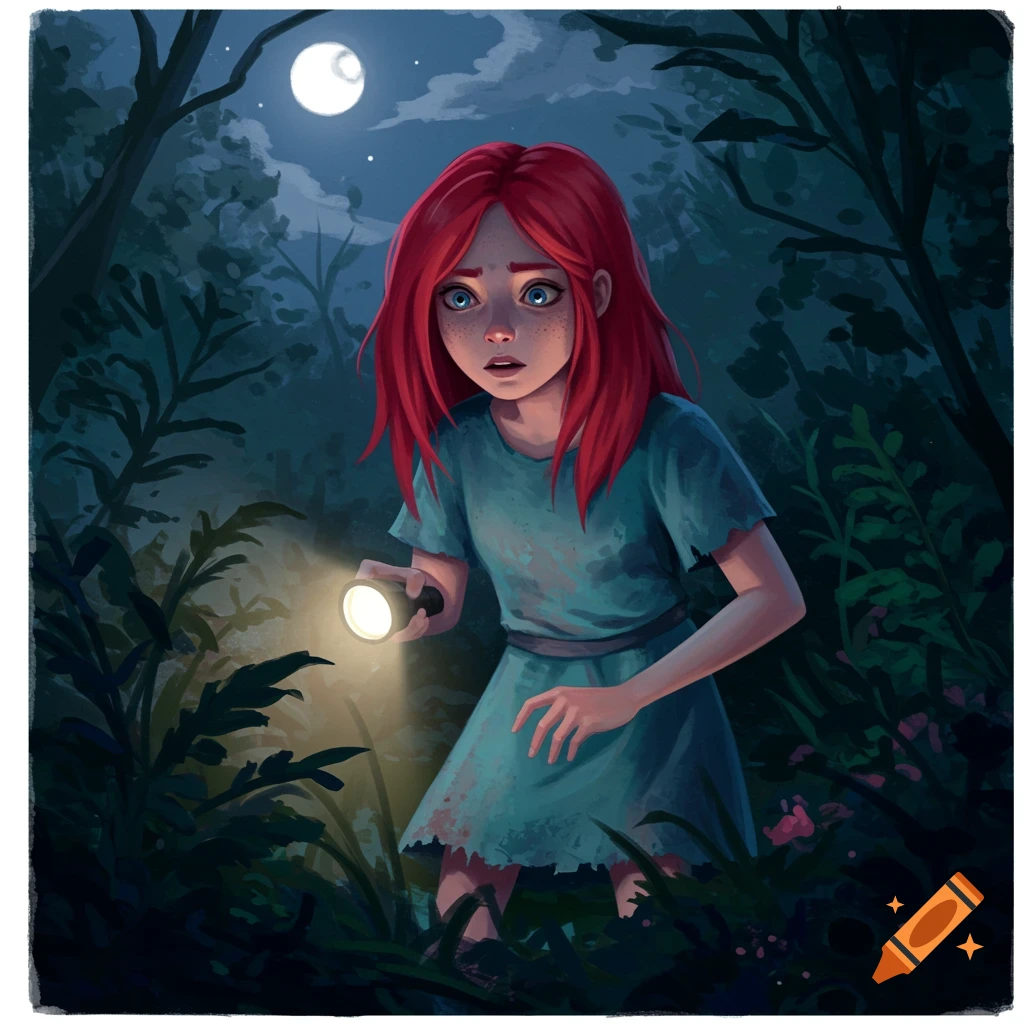 Illustration of a scared girl with red hair holding a flashlight in a dark forest at night.