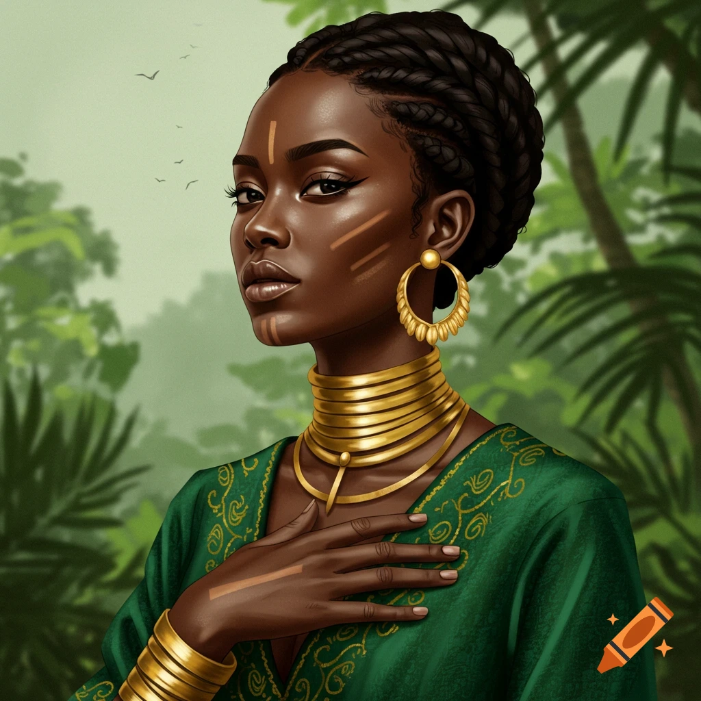 Digital illustration of an African woman with braided hair, facial markings, and gold jewelry in a jungle setting.