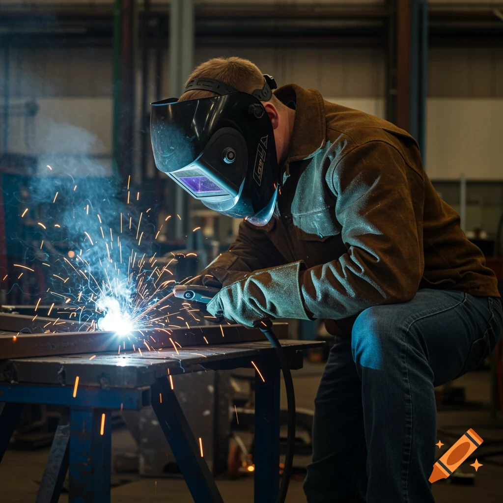 Young male welder drawing