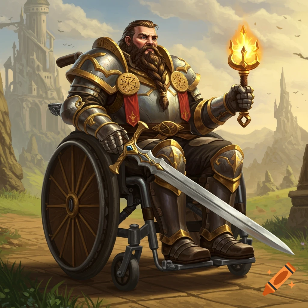 A fantasy paladin in ornate armor sits in a wheelchair, holding a sword and a flaming torch. A castle is in the background.