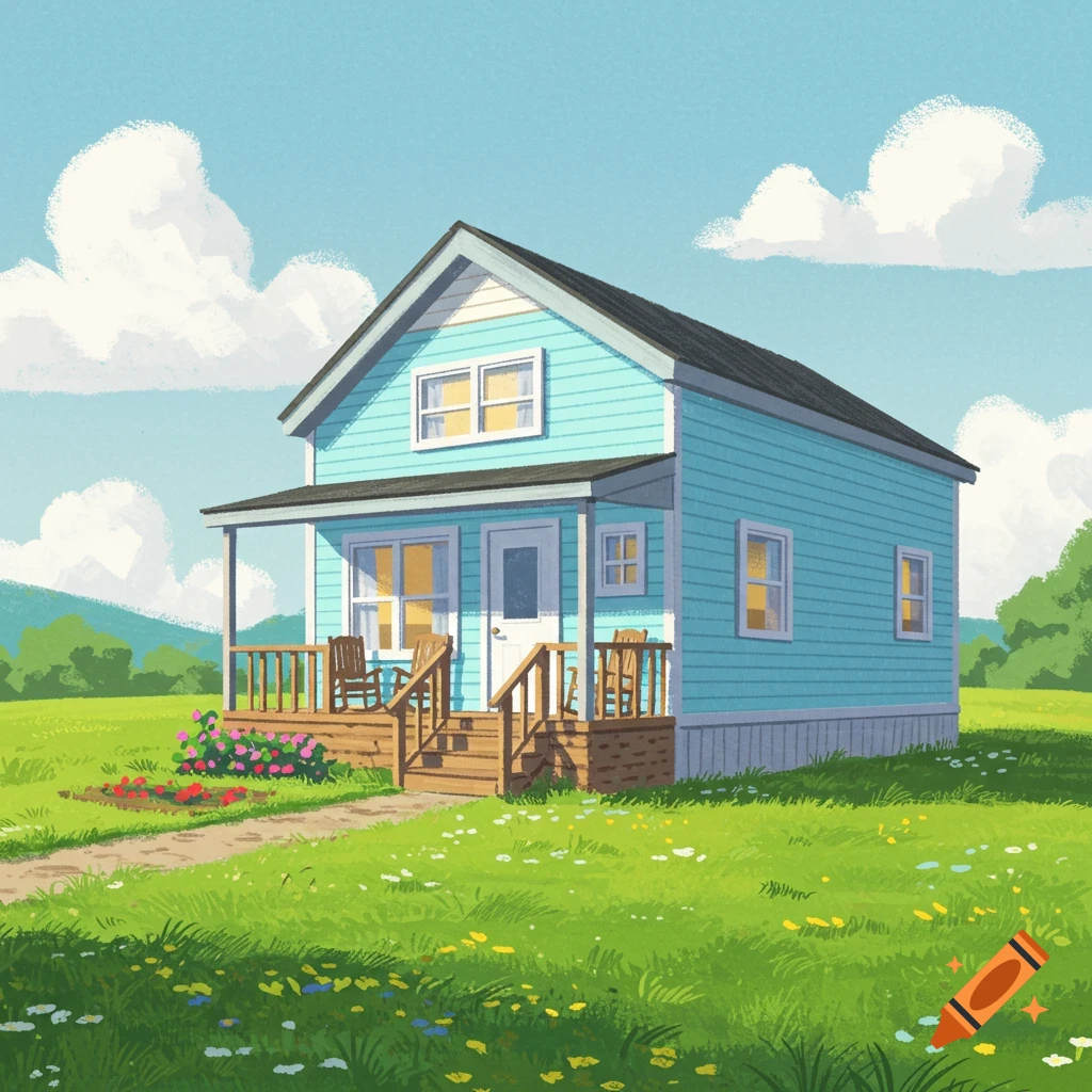 An illustration of a small blue house with a porch in a grassy field under a cloudy sky.
