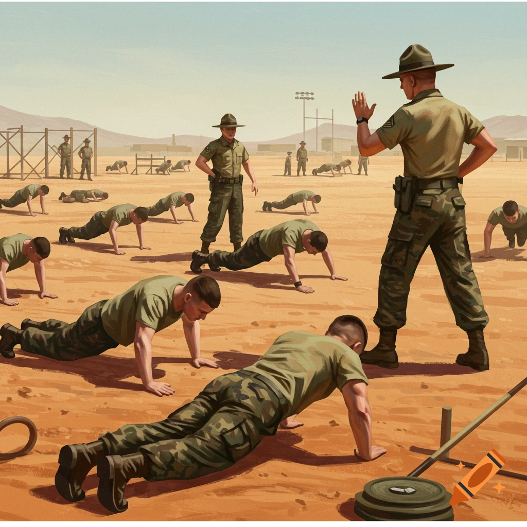 Illustration of soldiers doing push-ups in a desert boot camp with a drill instructor supervising.
