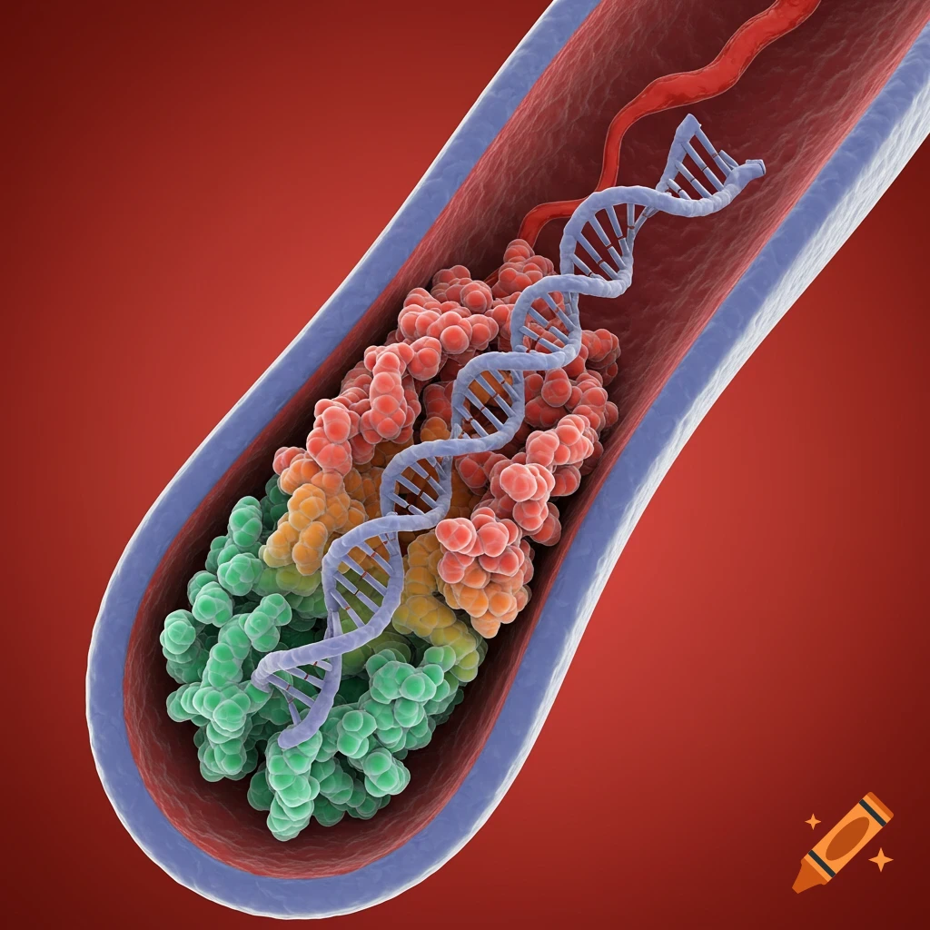 3D medical illustration of a DNA double helix inside a blood vessel, surrounded by colorful molecular structures.