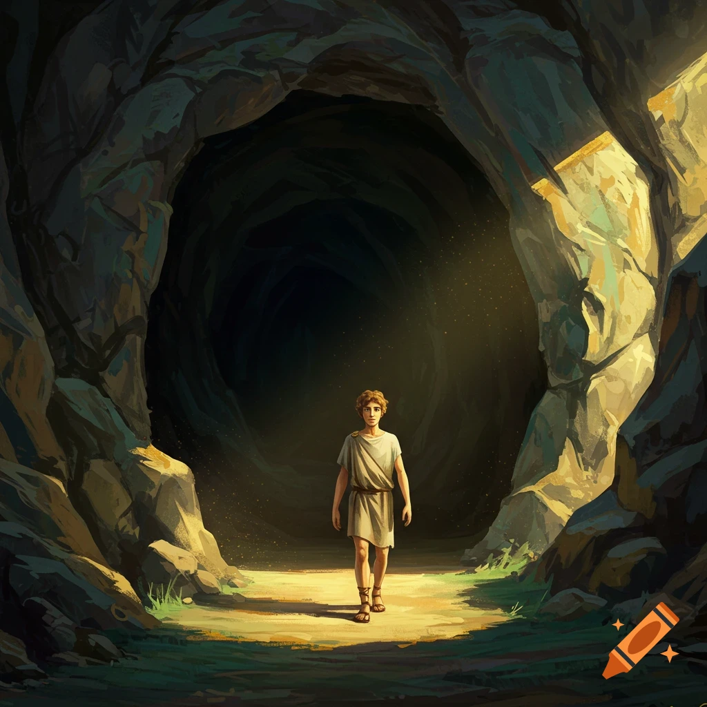 A young figure wearing a tunic walks out of a dark cave towards a patch of light, in a painterly style.