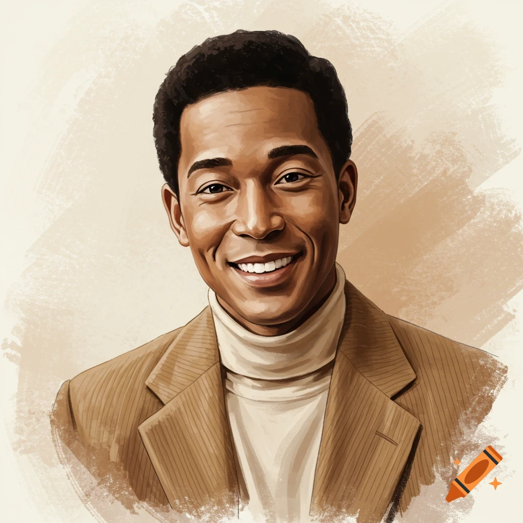 Portrait illustration of a smiling man in a brown jacket and turtleneck.