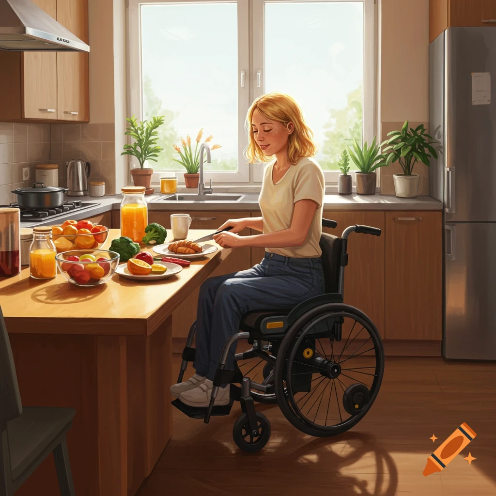 A woman in a wheelchair makes breakfast at a table in a bright kitchen. Digital illustration.