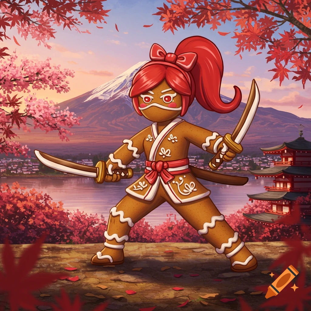Gingerbread ninja with bow and cookie katanas in Japan