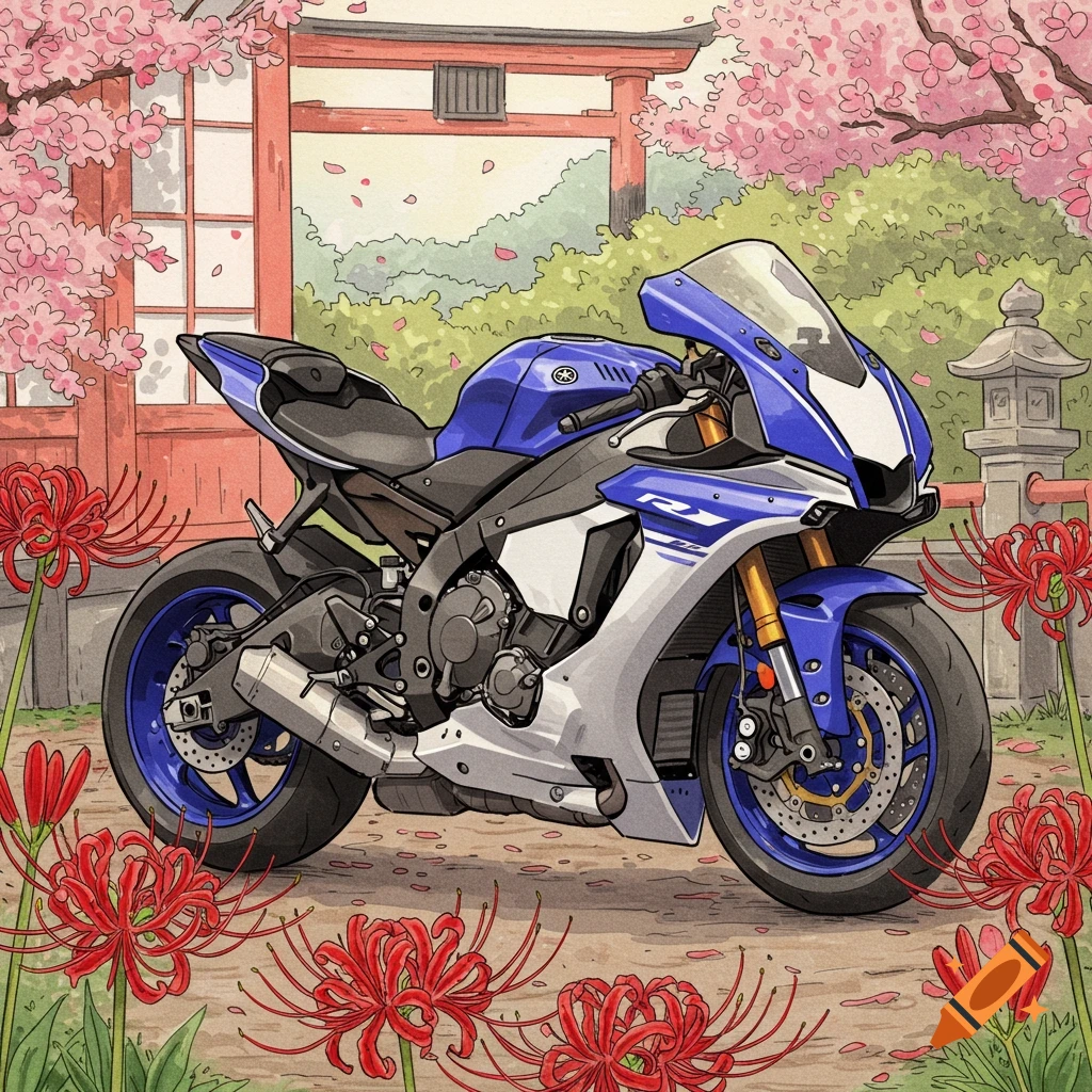 Yamaha R1 motorcycle drawing with red spider lilies, Japanese theme
