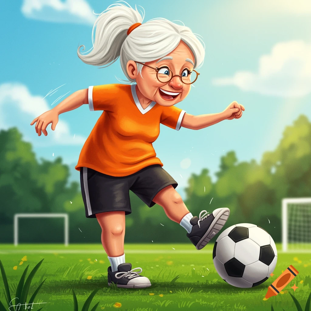 Cartoon illustration of a cheerful grandmother playing soccer on a green field.