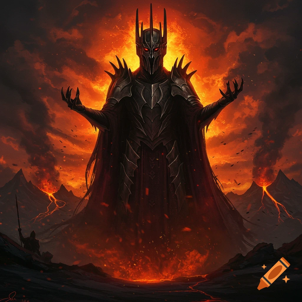 Epic fantasy art of a dark lord in spiky armor and helmet with glowing red eyes, standing in a fiery, volcanic landscape.