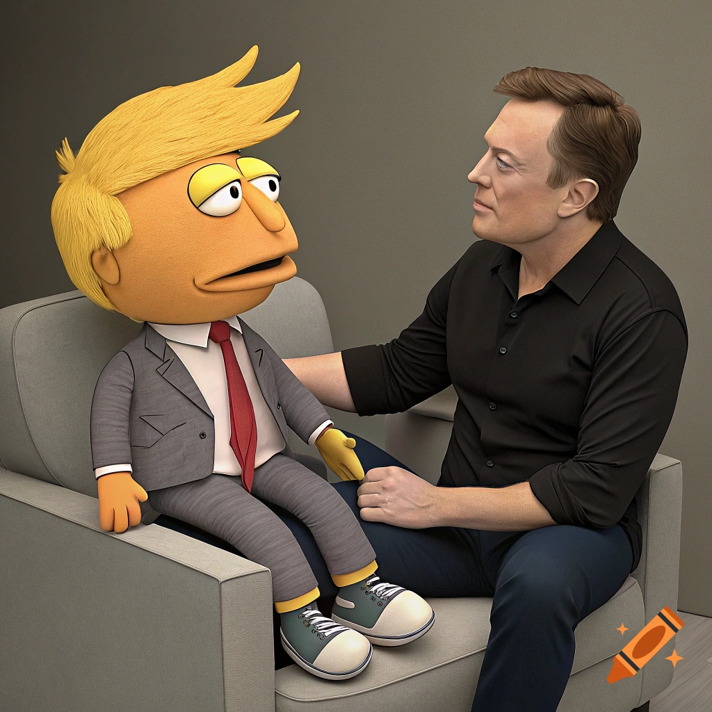 Donald Trump puppet on Elon Musk's lap on Craiyon