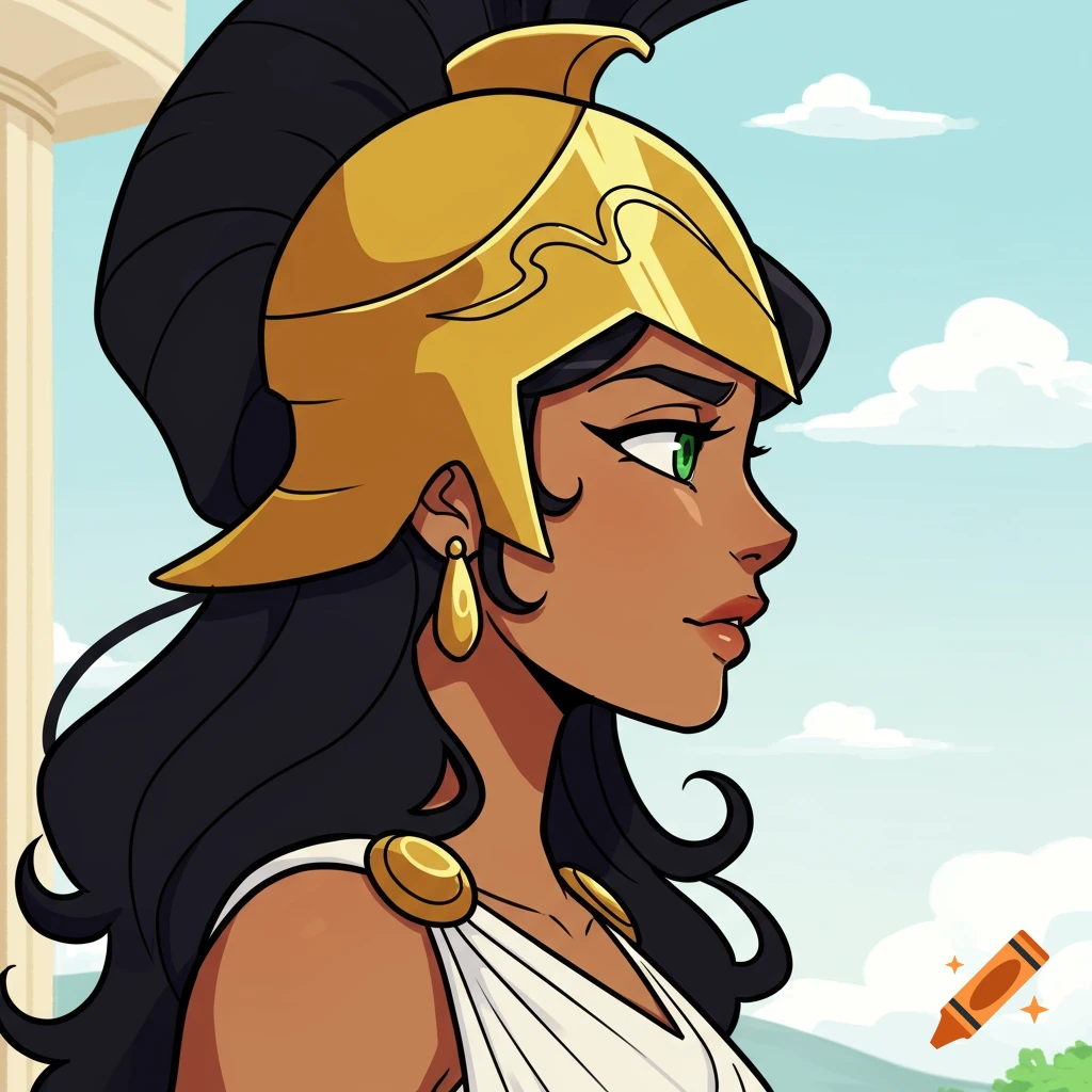Cartoon profile of a woman dressed as a Greek goddess in a golden helmet.