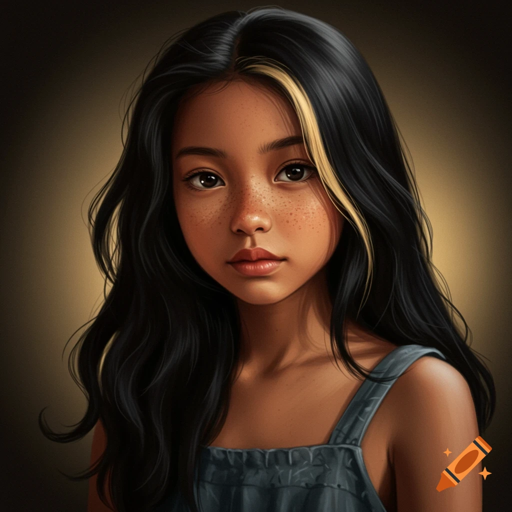 Illustrative portrait of a young girl with freckles and black hair with blonde highlights.