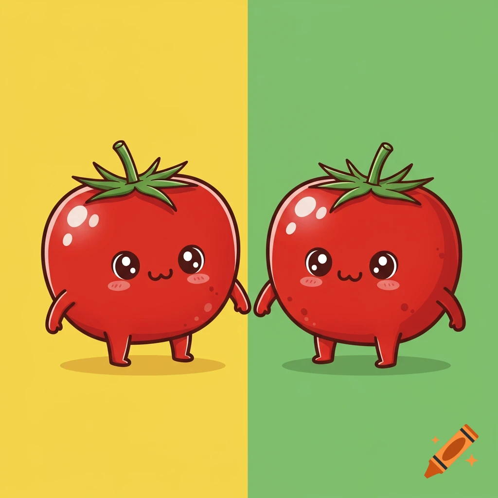 Two cute cartoon tomatoes with arms and legs stand against a split yellow and green background.