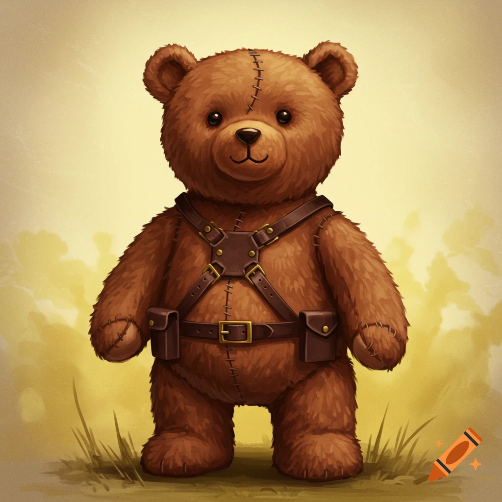 A brown teddy bear wearing a brown leather harness stands in grass.