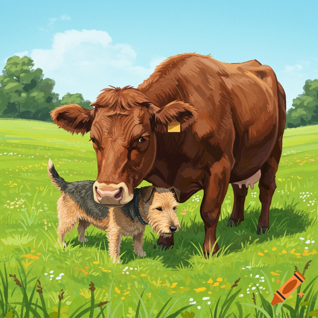 An illustration of a brown cow and a dog standing close together in a grassy field.