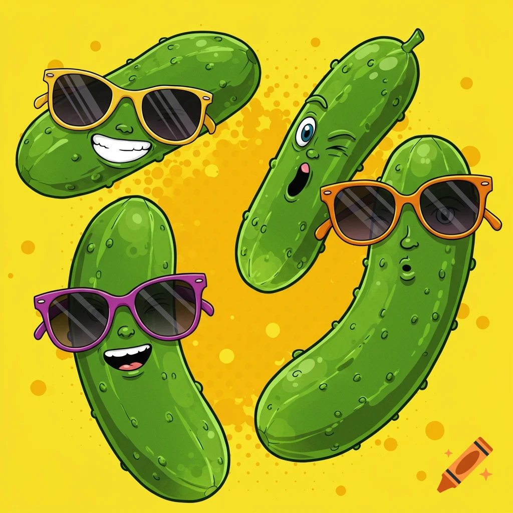 Cartoon of four pickles wearing sunglasses making silly faces