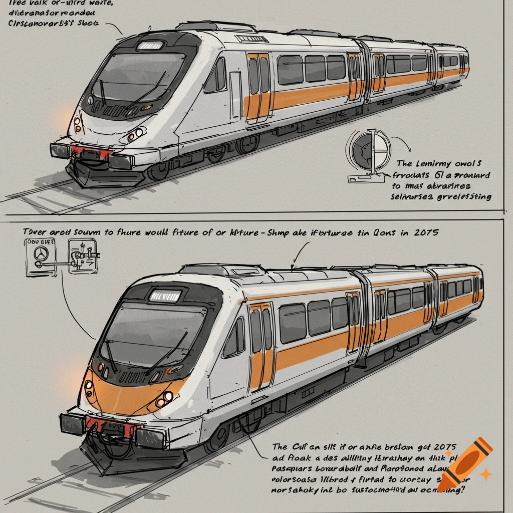 Two sketches of futuristic trains with descriptive labels in a sketch style.