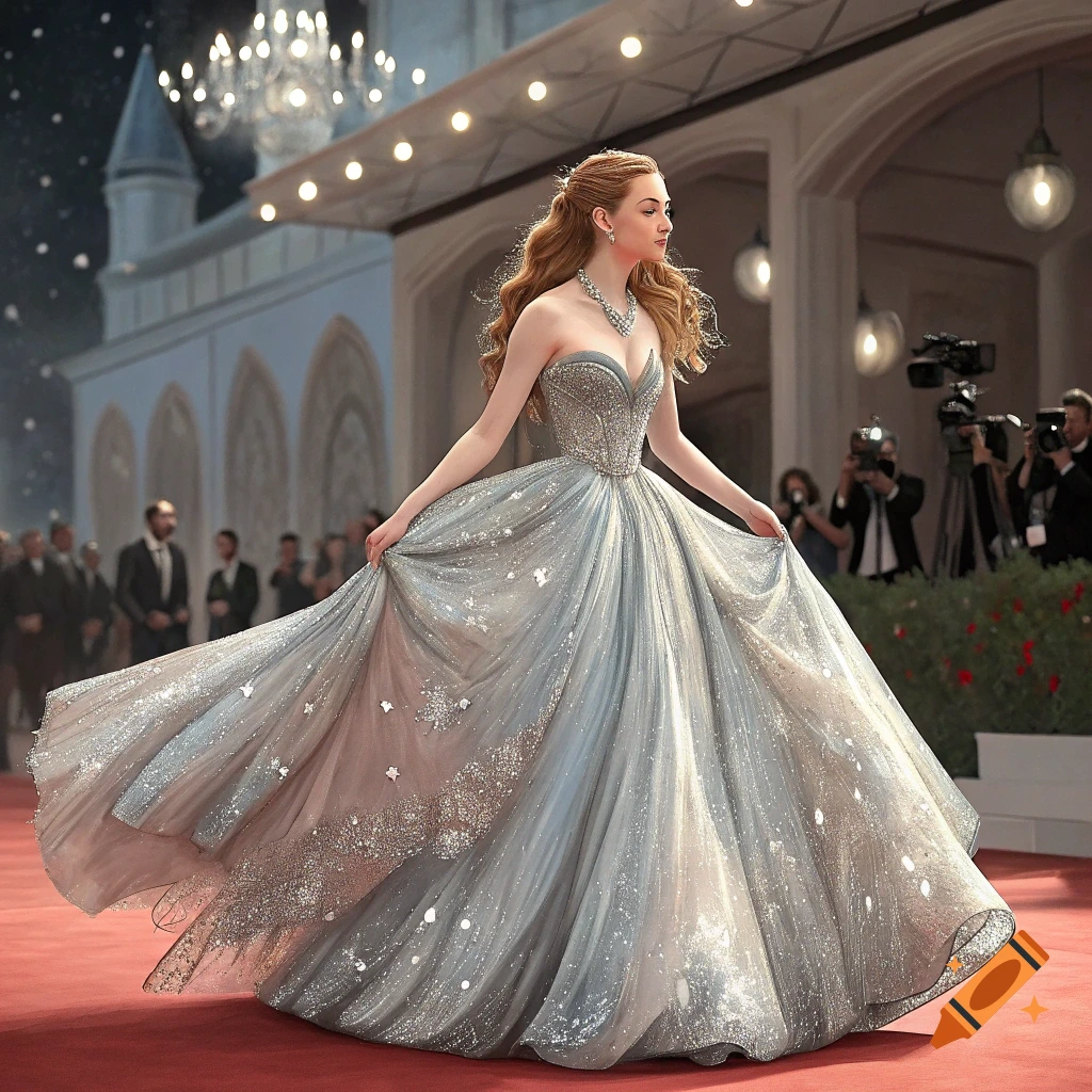 A woman in a sparkling blue ball gown on a red carpet.