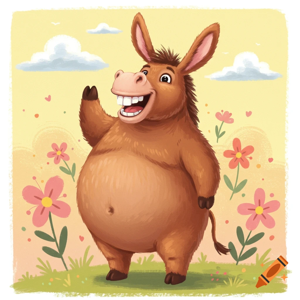 Cartoon chubby donkey smiling and waving in a flowery field
