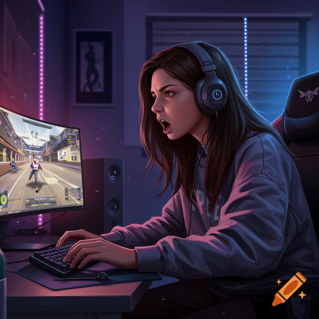 A young woman with headphones is intensely focused while playing a video game on a computer in a dimly lit room with neon accents.