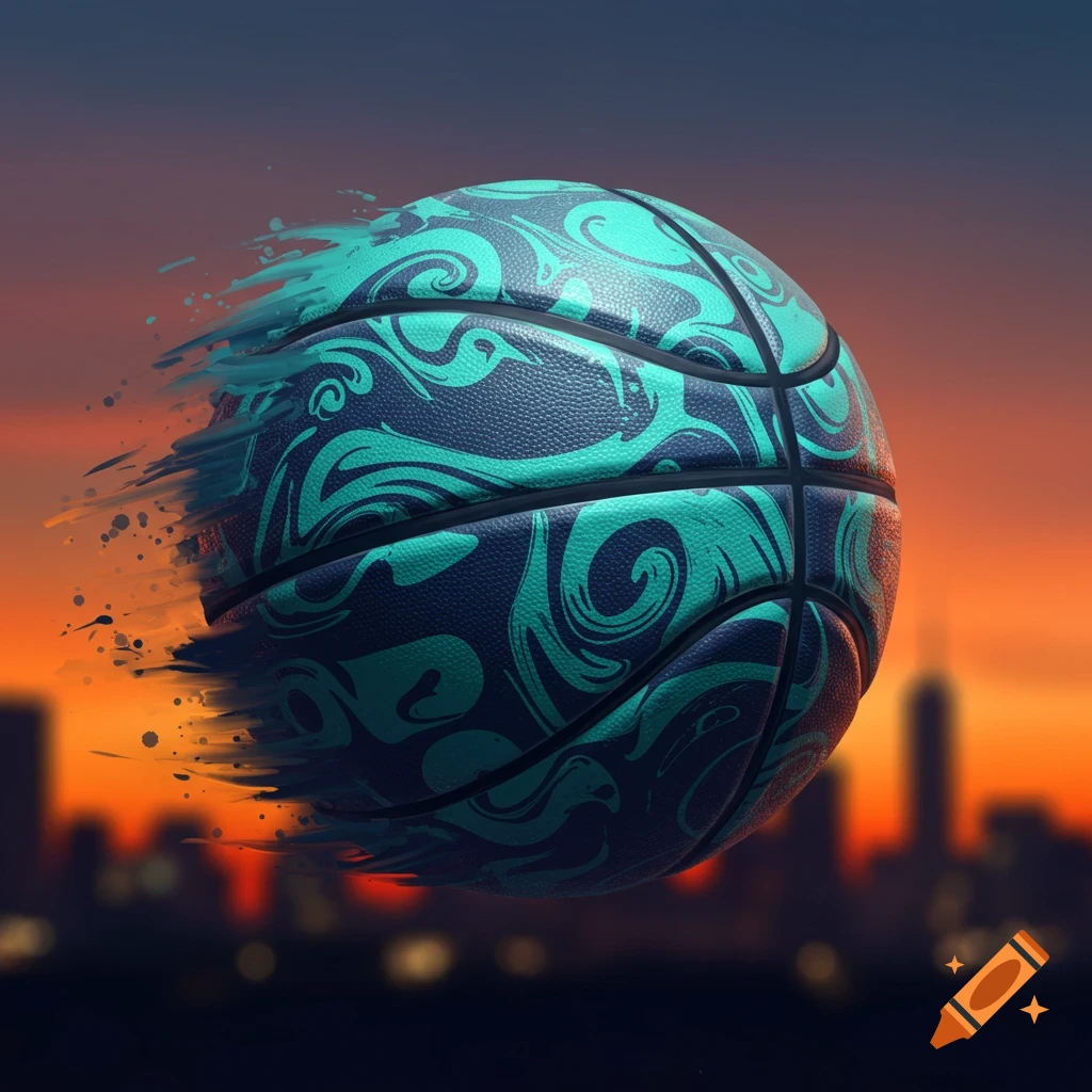 Basketball with swirling turquoise and blue pattern splashing through blurred city skyline at sunset.
