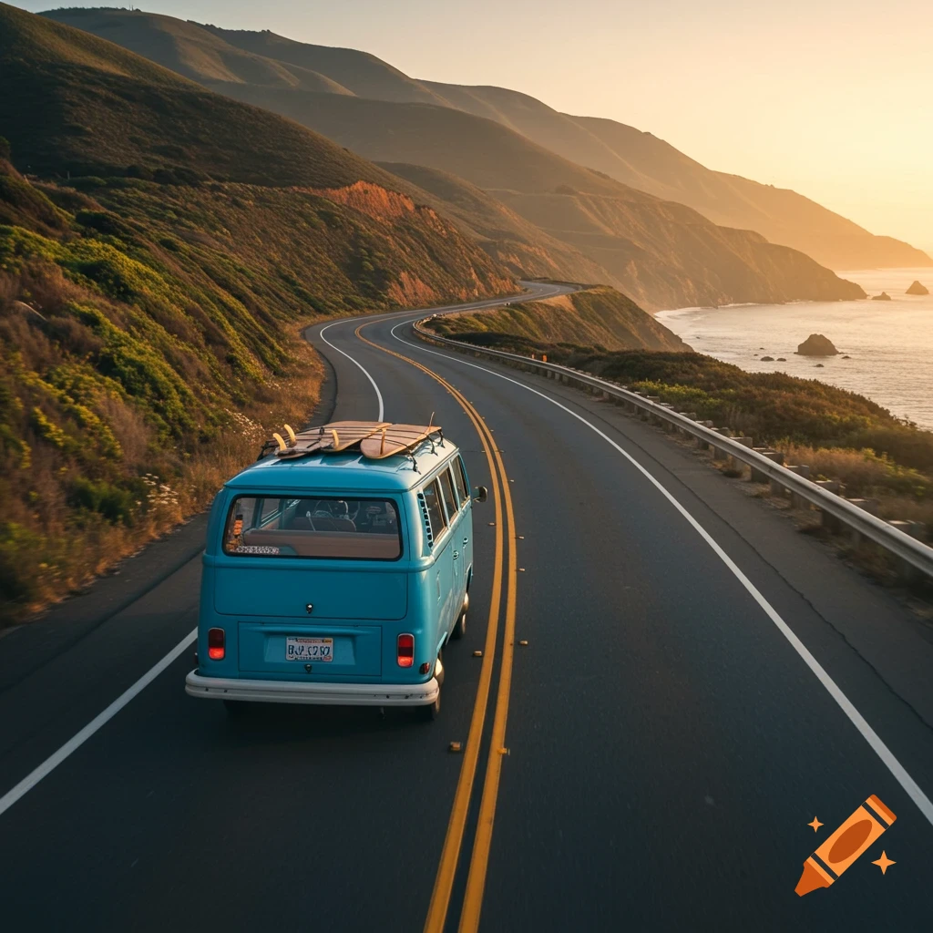 A blue VW bus with surfboards on top drives on a scenic coastal highway at sunset.