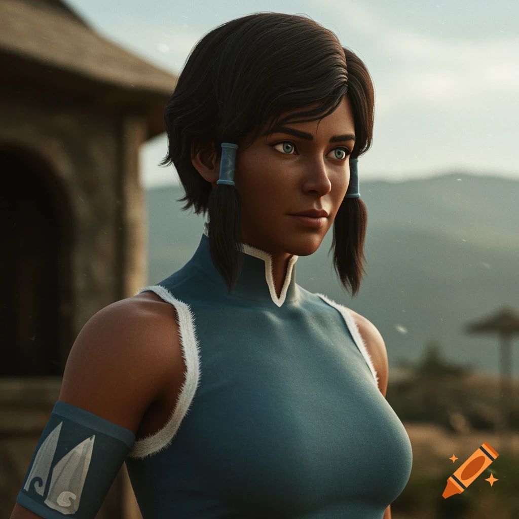 Photorealistic rendering of Korra from Legend of Korra standing outside.