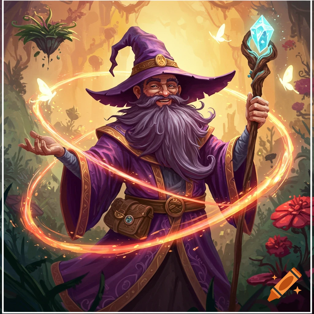 Illustration of a cheerful old wizard with a purple hat and robe, casting magic.