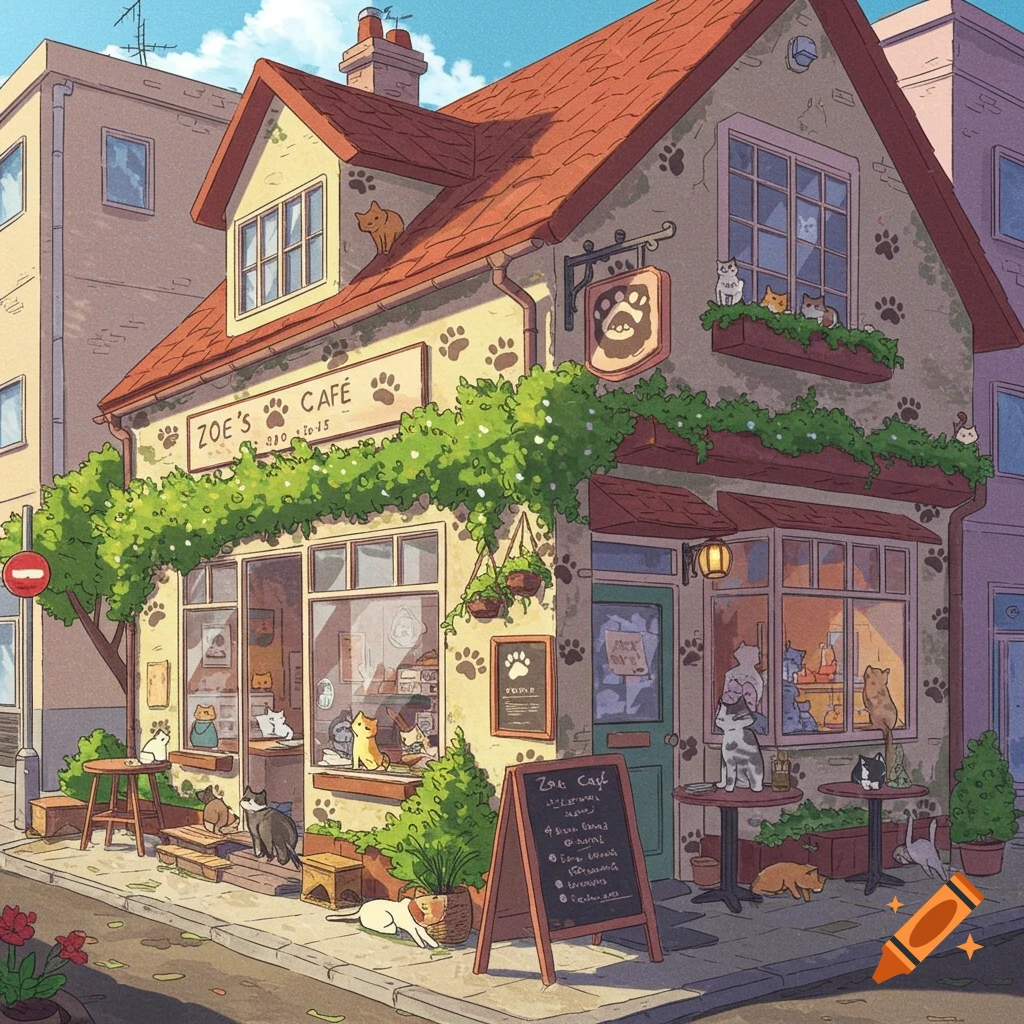 Cartoon style image of a cozy cafe covered in paw prints, with many cats on and around it.