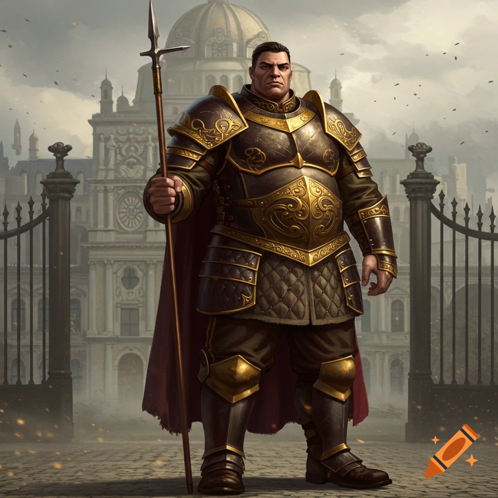 A muscular man in ornate golden and dark armor stands before a large building and gate, holding a spear.