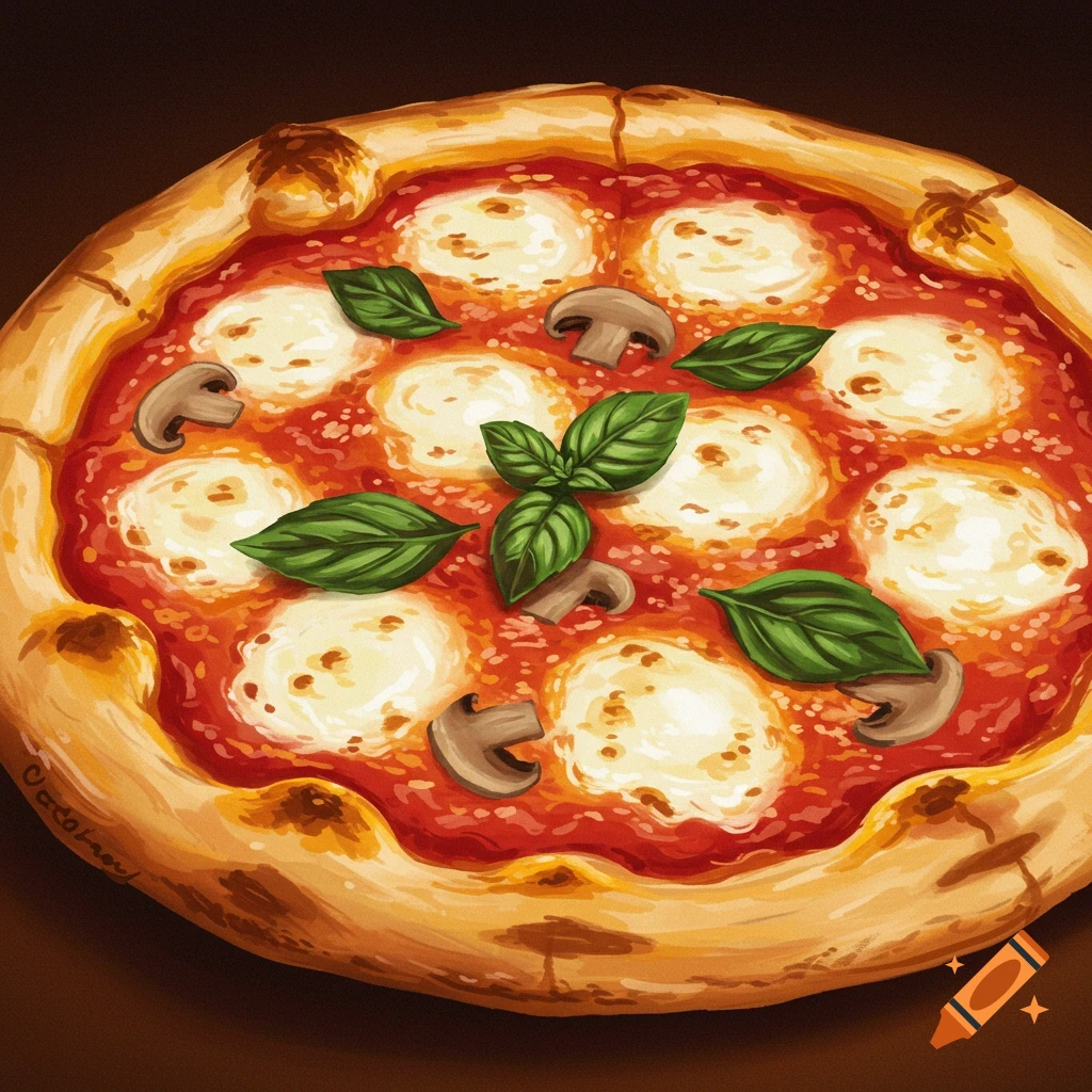 Stylized illustration of a pizza with mushrooms and basil