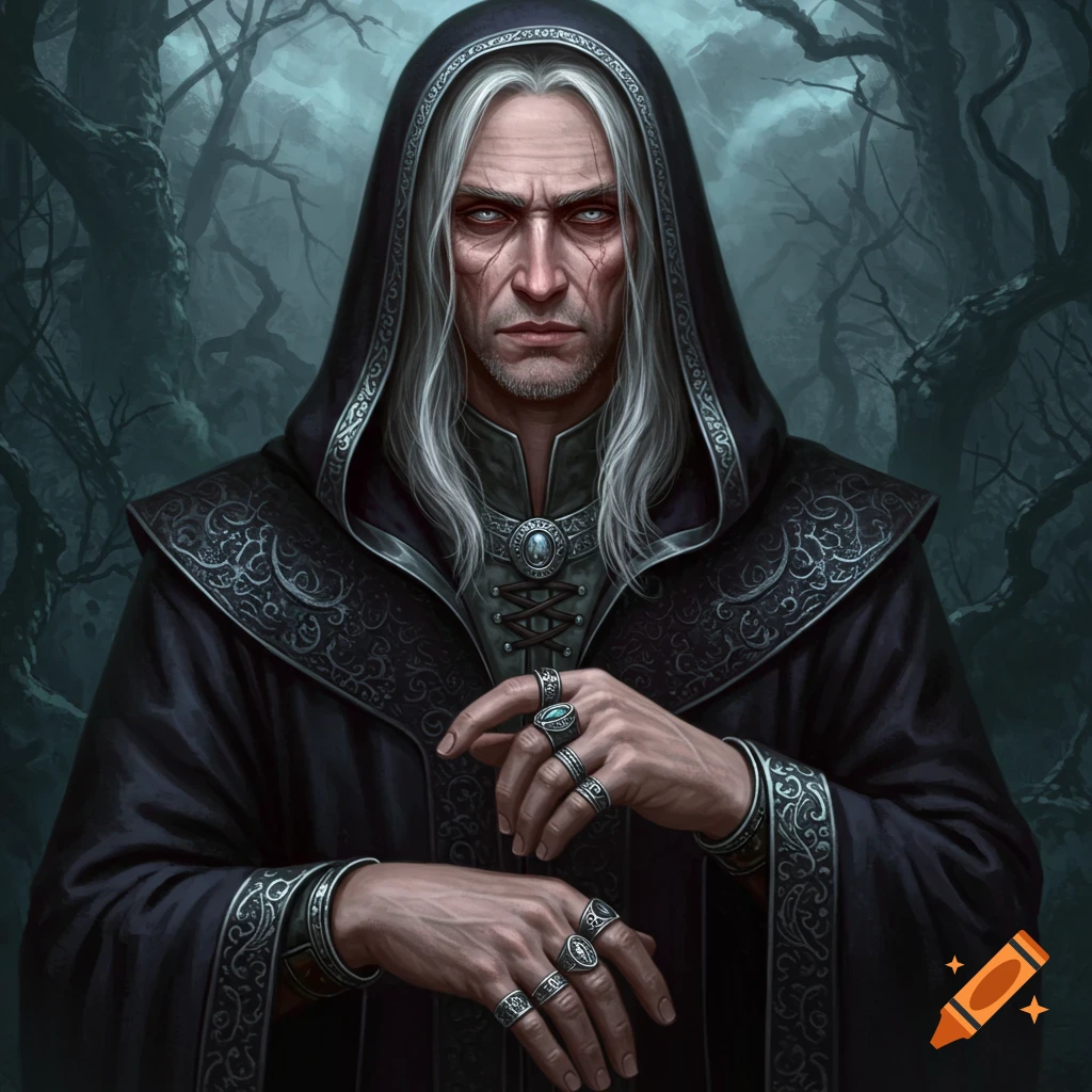 Realistic portrait of a white-haired mage in a black hooded robe and rings, in a dark fantasy forest setting.
