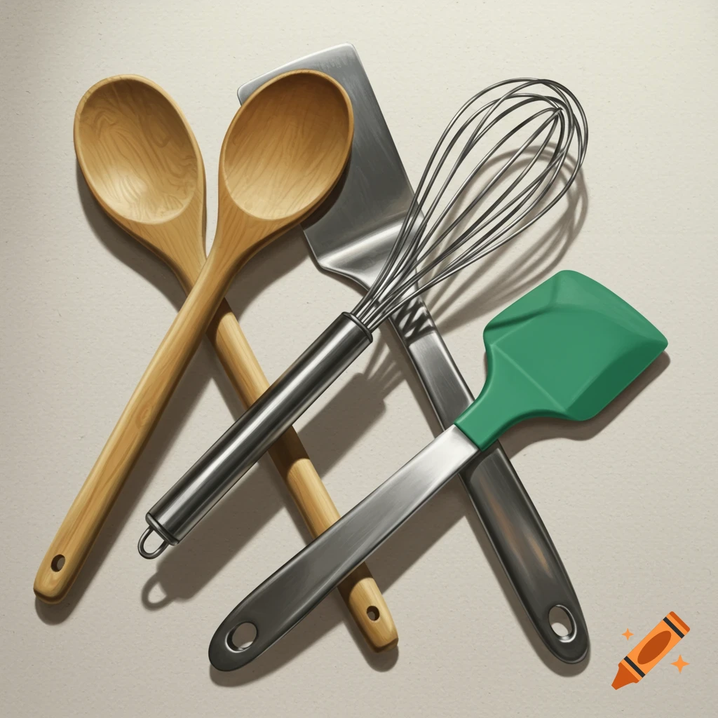 A whisk, two wooden spoons, and two spatulas lay on a flat surface.