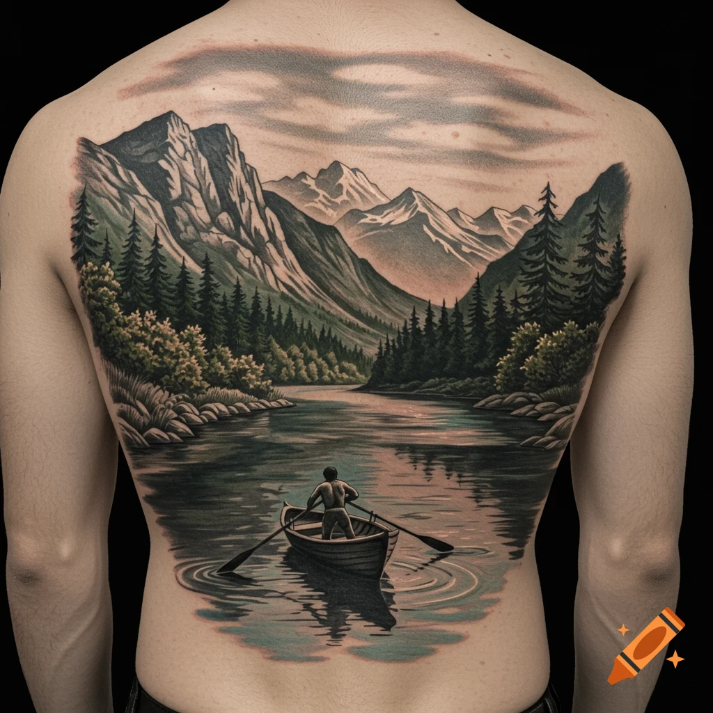 Mountain landscape tattoo design with river and boat
