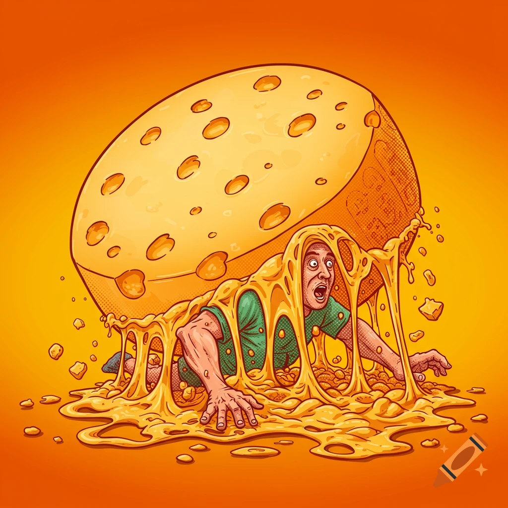 Cartoon illustration of a man being crushed by a giant cheese wheel and melted cheese.
