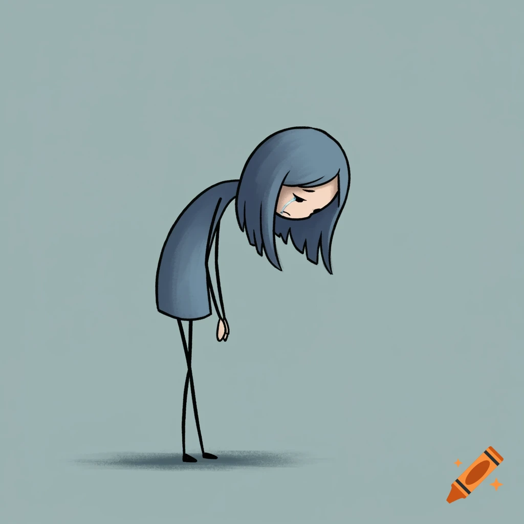 Simple drawing of a sad stick figure girl looking down