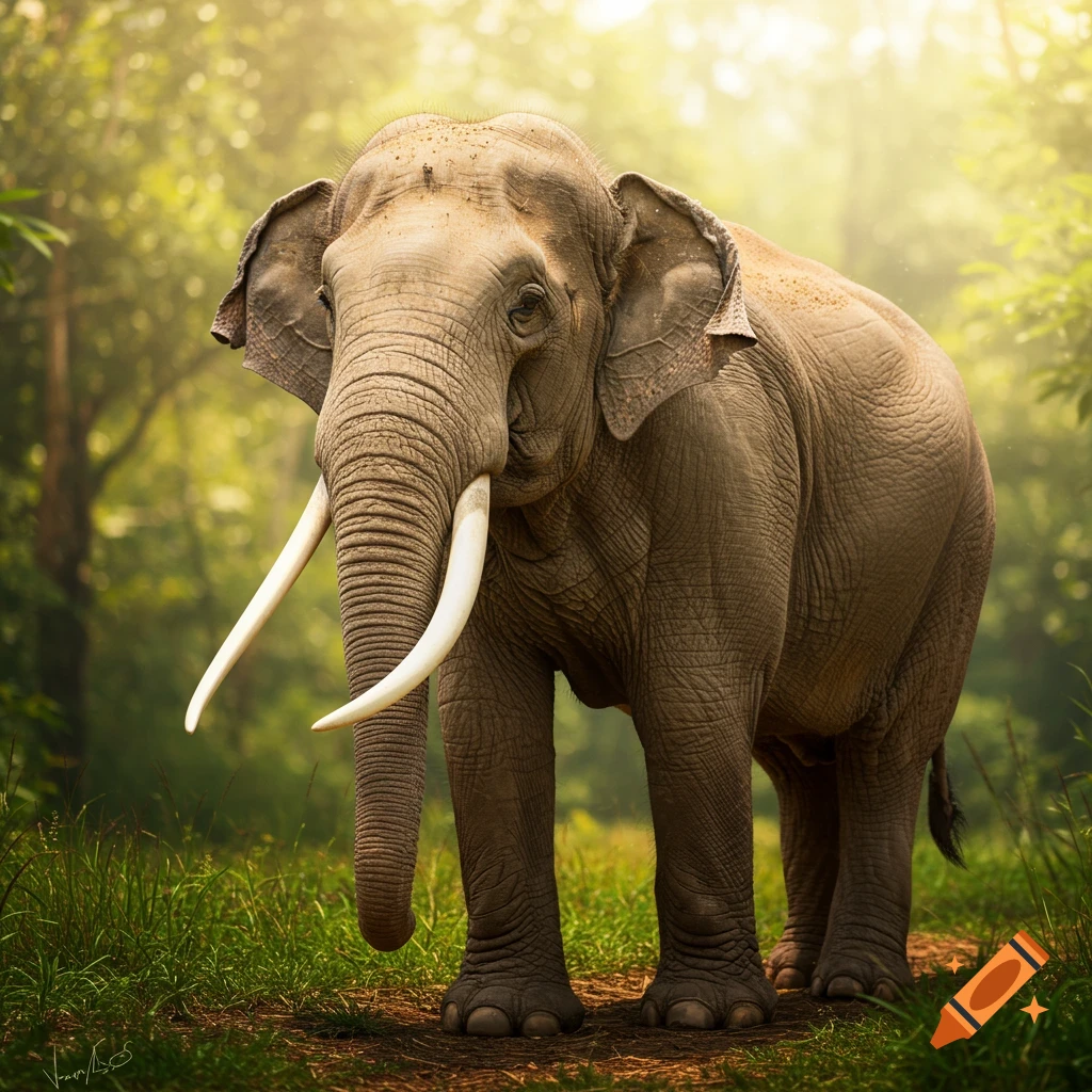 Photorealistic image of a large elephant with long tusks standing on a dirt path in a sunny forest.