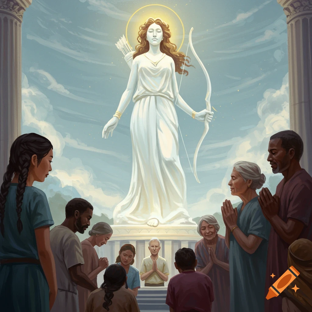 People praying to a statue of a woman with a bow and arrow