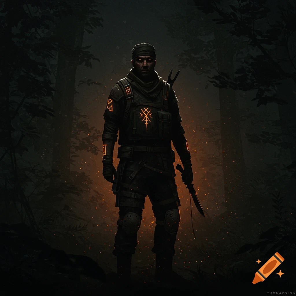 Silhouette of a figure in firelight, wilderness survival theme