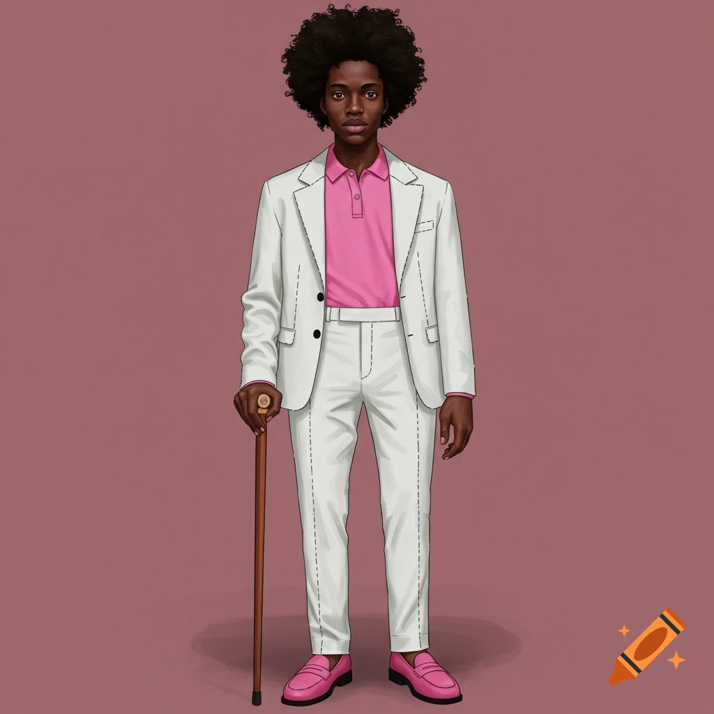 Illustration of a man in a white suit, pink polo shirt, and pink loafers, holding a cane.