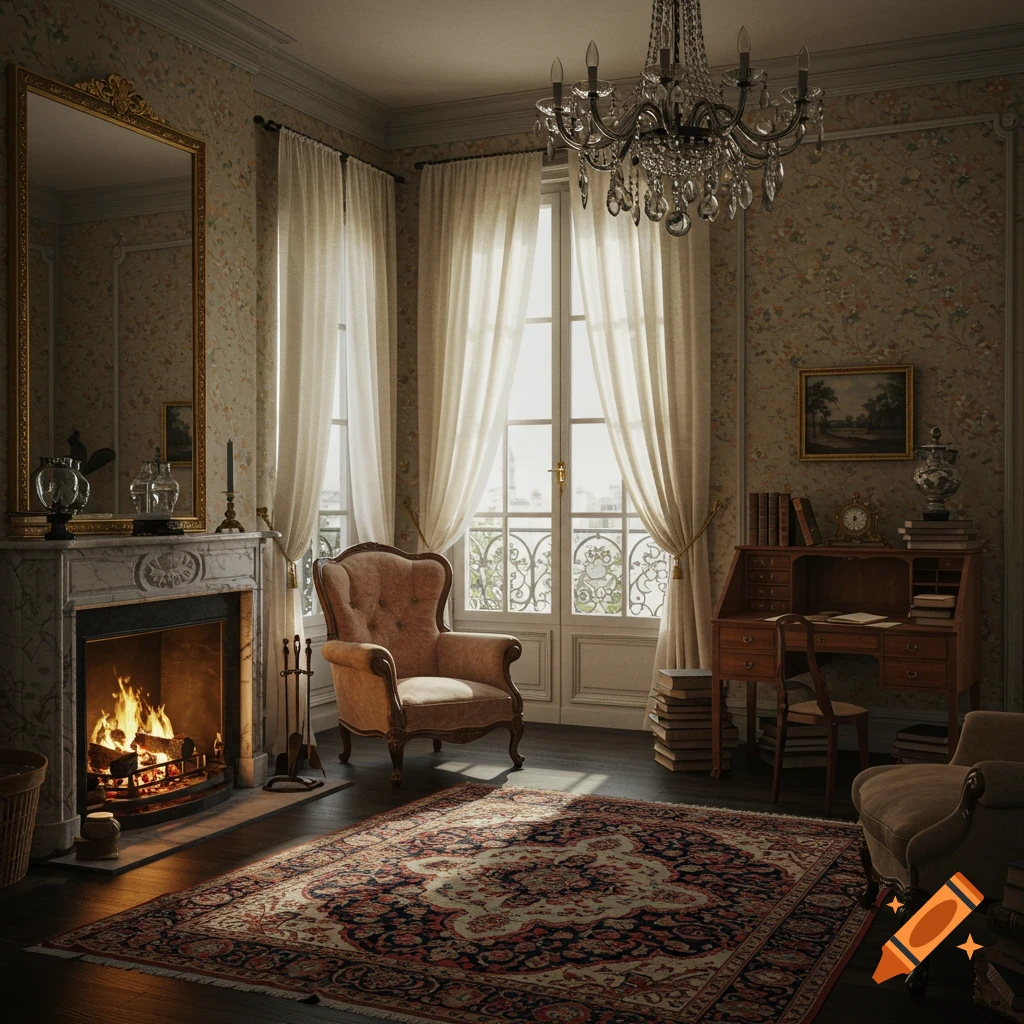 A vintage Parisian apartment interior with a fireplace, armchair, desk, large window, and chandelier.