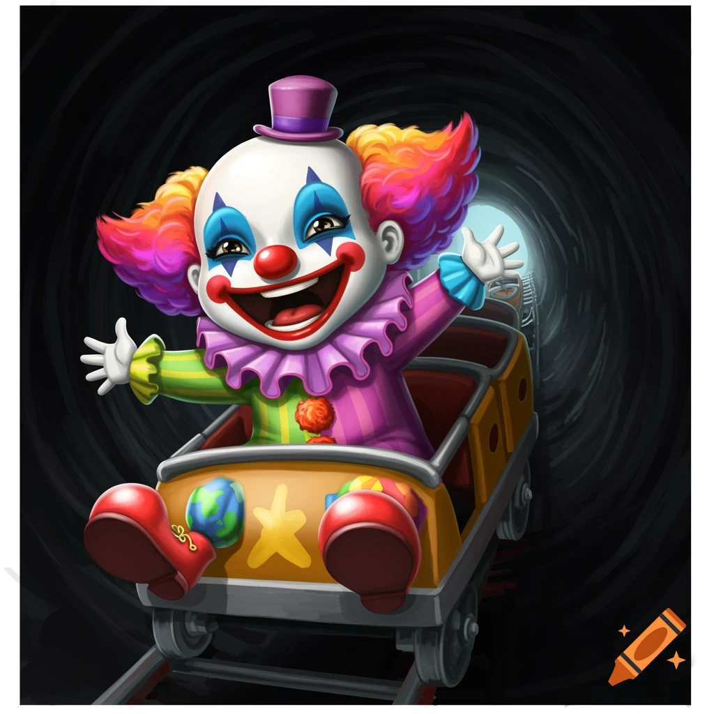 Cute clown on a roller coaster in a tunnel