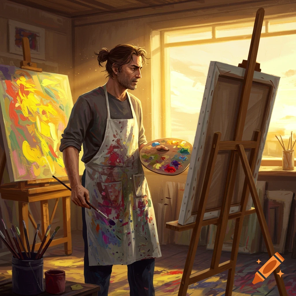 An artist stands in a sunlit studio, holding a palette and brush while painting on a canvas.